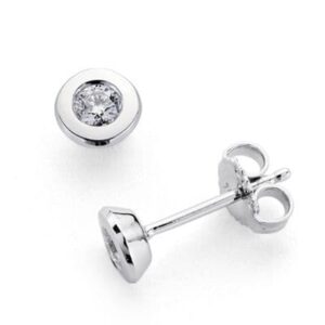 18K PENDIENTES ORO BLANCO DIAMANTES TALLA BRILLANTE CHATON 0.200 QTS. 5MM CIERRE PRESION
