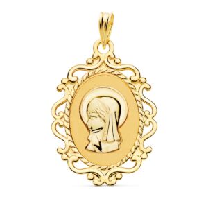 9K MEDALLA ORO AMARILLO VIRGEN NIÑA OVAL CON CERCO. 23X16 MM