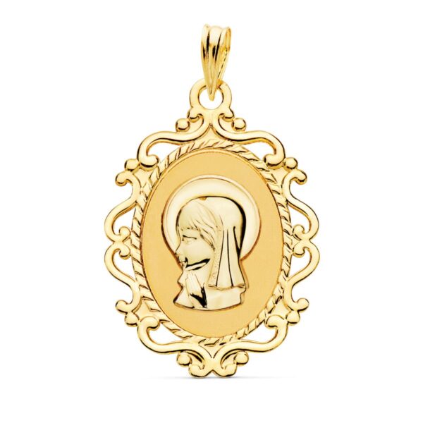 9K MEDALLA ORO AMARILLO VIRGEN NIÑA OVAL CON CERCO. 23X16 MM