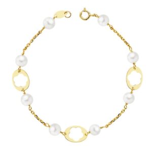 9K PULSERA ORO AMARILLO COMUNION PERLAS 5 MM Y MOTIVOS OVALES. LARGO: 17CM