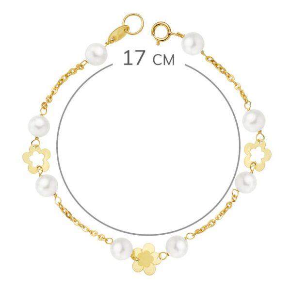 18K PULSERA ORO AMARILLO PERLA Y FLORES 17CM - Imagen 2