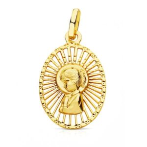 18K MEDALLA ORO AMARILLO VIRGEN NIÑA CERCO CALADO 22X14 MM