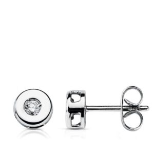 18K PENDIENTES ORO BLANCO CHATON 6 MM DIAMANTES 0,10 QTS CIERRE PRESION