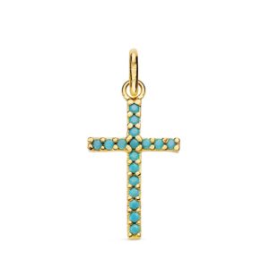 18K CRUZ ORO AMARILLO PIEDRAS TURQUESAS 16X10 MM