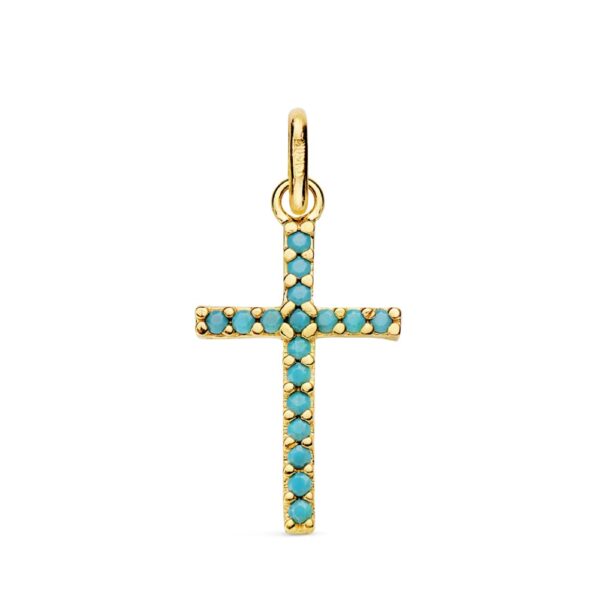 18K CRUZ ORO AMARILLO PIEDRAS TURQUESAS 16X10 MM