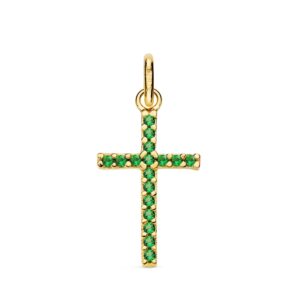 18K CRUZ ORO AMARILLO PIEDRAS VERDES 16X10 MM