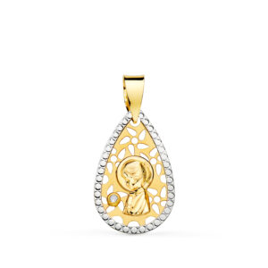 18K MEDALLA ORO AMARILLO ORO BICOLOR VIRGEN NIÑA CALADA BORDES TALLADOS 19X12 MM