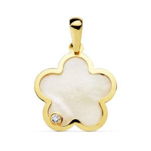 18K COLGANTE ORO AMARILLO FLOR NACAR CIRCONITA 17X17 MM