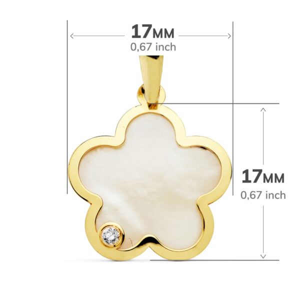 18K COLGANTE ORO AMARILLO FLOR NACAR CIRCONITA 17X17 MM - Imagen 2