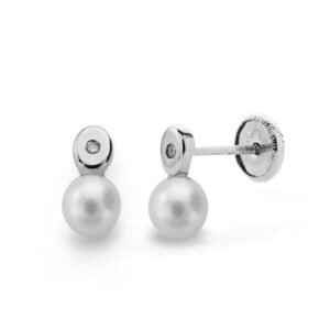 18K PENDIENTES ORO BLANCO PERLA Y DIAMANTES TALLA BRILLANTE 0.02 QTS.CIERRE TUERCA
