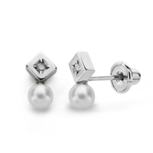18K PENDIENTES ORO BLANCO PERLA Y DIAMANTES TALLA BRILLANTE 0.012 QTS.CIERRE TUERCA