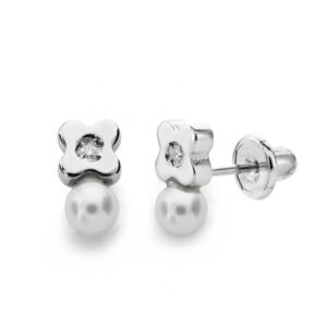 18K PENDIENTES ORO BLANCO PERLA 3 MM DIAMANTES TALLA BRILLANTE 0.012KTS CIERRE TUERCA