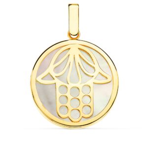 18K COLGANTE ORO AMARILLO NACAR MANO DE FATIMA 20 MM