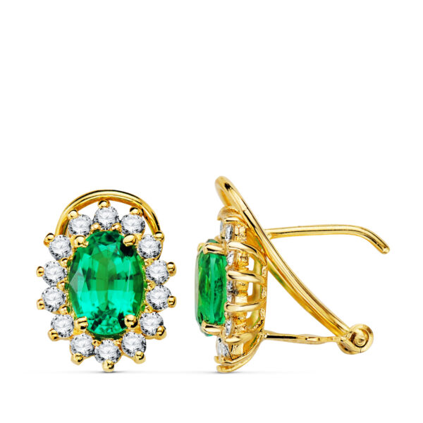 18K PENDIENTES ORO AMARILLO ESMERALDA 7X5 MM 1,50QT Y DIAMANTES 0,580QT SI H. 11,5X9,5 MM CIERRE OMEGA