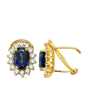 18K PENDIENTES ORO AMARILLO ZAFIRO 7X5 MM 1,96QT Y DIAMANTES 0.580QT SI H. 11,5X9,5 MM CIERRE OMEGA