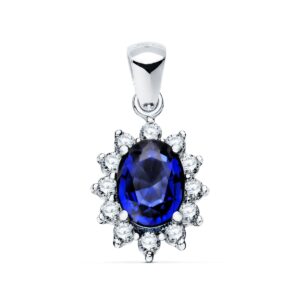 18K COLGANTE ORO BLANCO ZAFIRO 7X5 MM 0,98 QT. 12 DIAMANTES 0,35 QTS. SI-H. 11,5X9,5 MM
