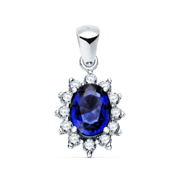 18K COLGANTE ORO BLANCO ZAFIRO 7X5 MM 0,98 QT. 12 DIAMANTES 0,35 QTS. SI-H. 11,5X9,5 MM