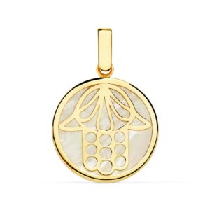 18K COLGANTE ORO AMARILLO NACAR MANO DE FATIMA 18 MM