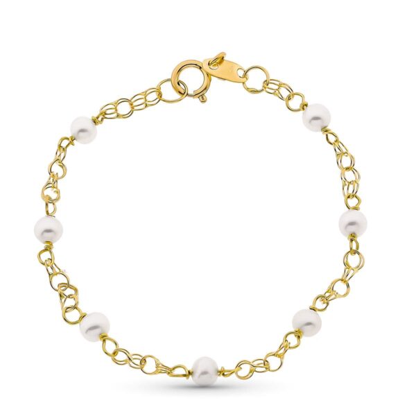 18K PULSERA ORO AMARILLO NIÑA PERLAS 3 MM Y CADENA HÚNGARA LONGITUD 12CM