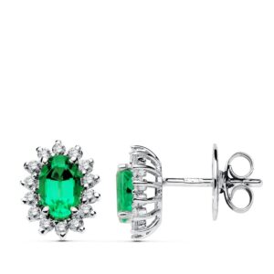 18K PENDIENTES ORO BLANCO ESMERALDA 6X4 MM 0,78 QTS. DIAMANTES 0,28 QTS. SI-H CIERRE PRESION 9,5X8 MM