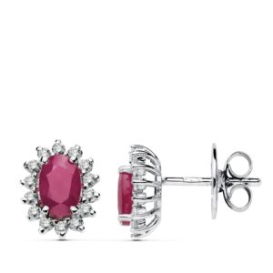 18K PENDIENTES ORO BLANCO RUBI 6X4 MM 1,00 QT. DIAMANTES 0.28 QTS. SI-H CIERRE PRESION 9,5X8 MM