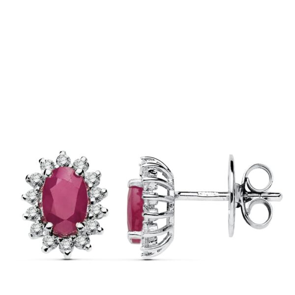 18K PENDIENTES ORO BLANCO RUBI 6X4 MM 1,00 QT. DIAMANTES 0.28 QTS. SI-H CIERRE PRESION 9,5X8 MM