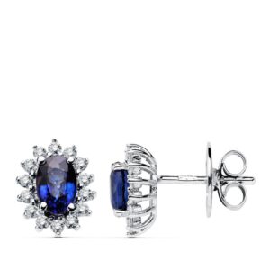 18K PENDIENTES ORO BLANCO ZAFIRO 6X4 MM 1,24 QT. DIAMANTES 0,28 QTS. SI-H CIERRE PRESION 9,5X8 MM