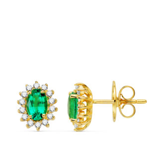 18K PENDIENTES ORO AMARILLO ESMERALDA 6X4 MM 0,78 QT Y DIAMANTES 0,280QT SI H.9,5X8 MM CIERRE PRESION