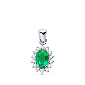 18K COLGANTE ORO BLANCO ESMERALDA 6X4 MM 0,39 QT. 14 DIAMANTES 0,14 QTS. VS2-G. 9,5X8 MM
