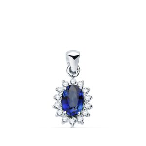 18K COLGANTE ORO BLANCO ZAFIRO 6X4 MM 0,62 QT. 14 DIAMANTES 0,14 QTS. SI-H. 9,5X8 MM