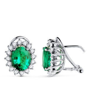 18K PENDIENTES ORO BLANCO DIAMANTES Y ESMERALDA 9X7 MM 3,62 QTS. DIAMANTES 1,12 QTS. SI-H CIERRE OMEGA 14X12 MM