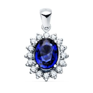 18K COLGANTE ORO BLANCO ZAFIRO 9X7 MM 2.47 QT. 16 DIAMANTES 0.52 QTS. SI-H. 14X12 MM