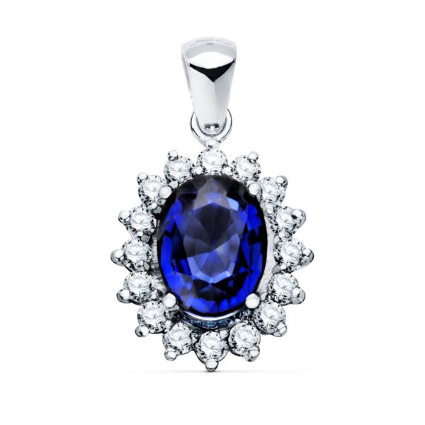 18K COLGANTE ORO BLANCO ZAFIRO 9X7 MM 2.47 QT. 16 DIAMANTES 0.52 QTS. SI-H. 14X12 MM