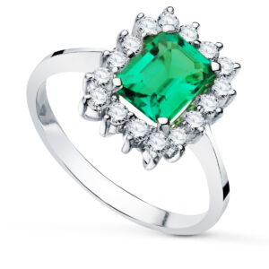 18K SORTIJA ORO BLANCO ESMERALDA 1.50QT DIAMANTES TALLA BRILLANTE 0.56QT