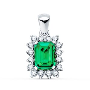 18K COLGANTE ORO BLANCO ESMERALDA 8X6 MM 1.50 QT. 16 DIAMANTES 0.56 QTS. SI-H. 13X11MM