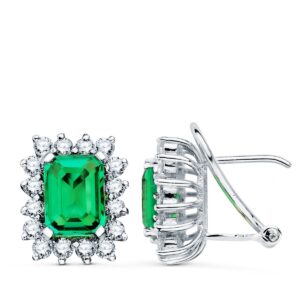 18K PENDIENTES ORO BLANCO 32 DIAMANTES 1,12 QT. Y ESMERALDAS 8X6 MM 3,00 QT. 13X11 MM CIERRE OMEGA