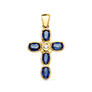 18K CRUZ ORO AMARILLO DIAMANTE 0.045 QTS. ZAFIROS DIFUSION 6X4 MM 3.10 QTS. 28X19 MM