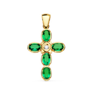 18K CRUZ ORO AMARILLO BRILLANTE 0.065 QTS. 30X21 MM ESMERALDAS 7X5 MM 3.75 QTS
