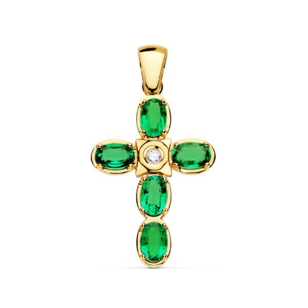 18K CRUZ ORO AMARILLO BRILLANTE 0.065 QTS. 30X21 MM ESMERALDAS 7X5 MM 3.75 QTS