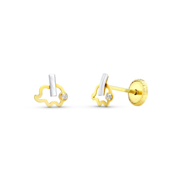 18K PENDIENTES ORO BICOLOR ELEFANTE 6X6 MM CIERRE TUERCA