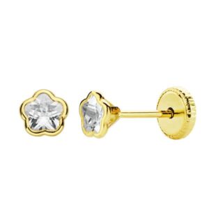 18K PENDIENTES ORO AMARILLO FLOR CIRCONITA 4X4 MM. CIERRE TUERCA
