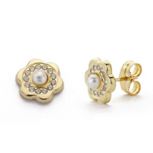9K PENDIENTES ORO AMARILLO FLOR Y PERLA 8X8 MM CIERRE PRESION