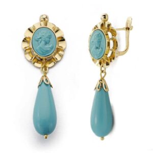 18K PENDIENTES CAMAFEO TURQUESA ORO AMARILLO 43X14 MM CIERRE CATALAN