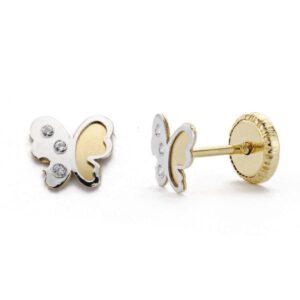 18K PENDIENTES ORO BICOLOR MARIPOSA CIRCONITA 5 MM CIERRE TUERCA