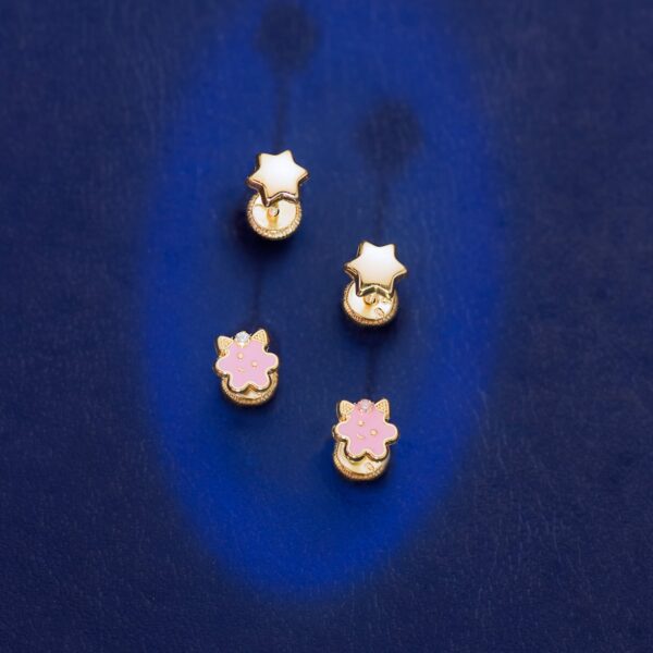 18K PENDIENTES ORO AMARILLO FLOR ESMALTE ROSA CIERRE TUERCA 6,5 X 6,5 MM - Imagen 2
