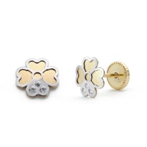 18K PENDIENTES ORO BICOLOR TREBOL. 6 MM CIERRE TUERCA