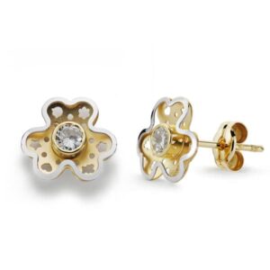 18K PENDIENTES ORO BICOLOR TREBOL CIRCONITA 9X8 MM CIERRE PRESION