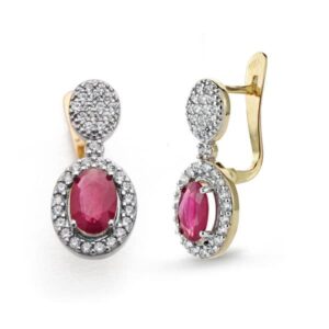18K PENDIENTES RUBI FINO 0.96 QT Y CIRCONITA ORO BICOLOR 18X8 MM CIERRE CATALAN
