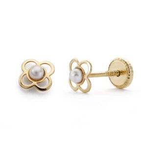 18K PENDIENTES ORO AMARILLO TREBOL 5 MM PERLA 2 MM CIERRE TUERCA