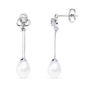 18K PENDIENTES LARGOS ORO BLANCO PERLA 27X6 MM CIERRE PRESION
